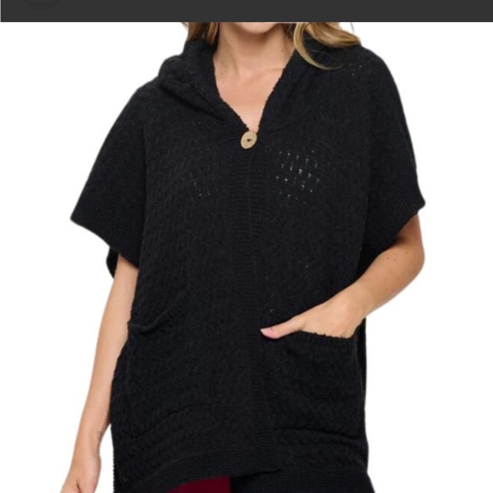 Dark Gray  Hooded Cable Knit Poncho Sweater with Front Pockets
